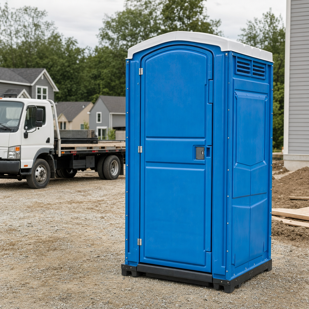 Delivery driver positioning a clean royal-blue portable toilet on level ground at a Buffalo worksite