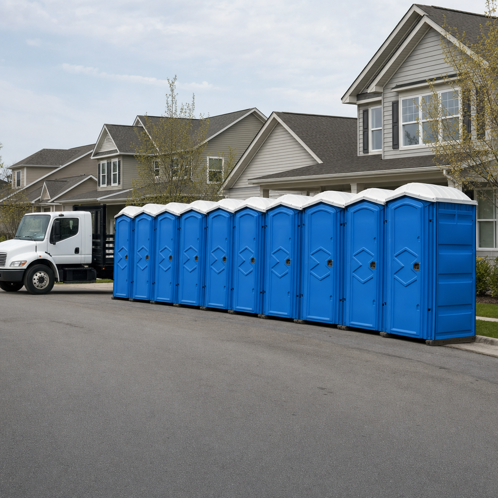 Royal blue portable toilets staged in a tidy row at a Buffalo jobsite, ready for delivery