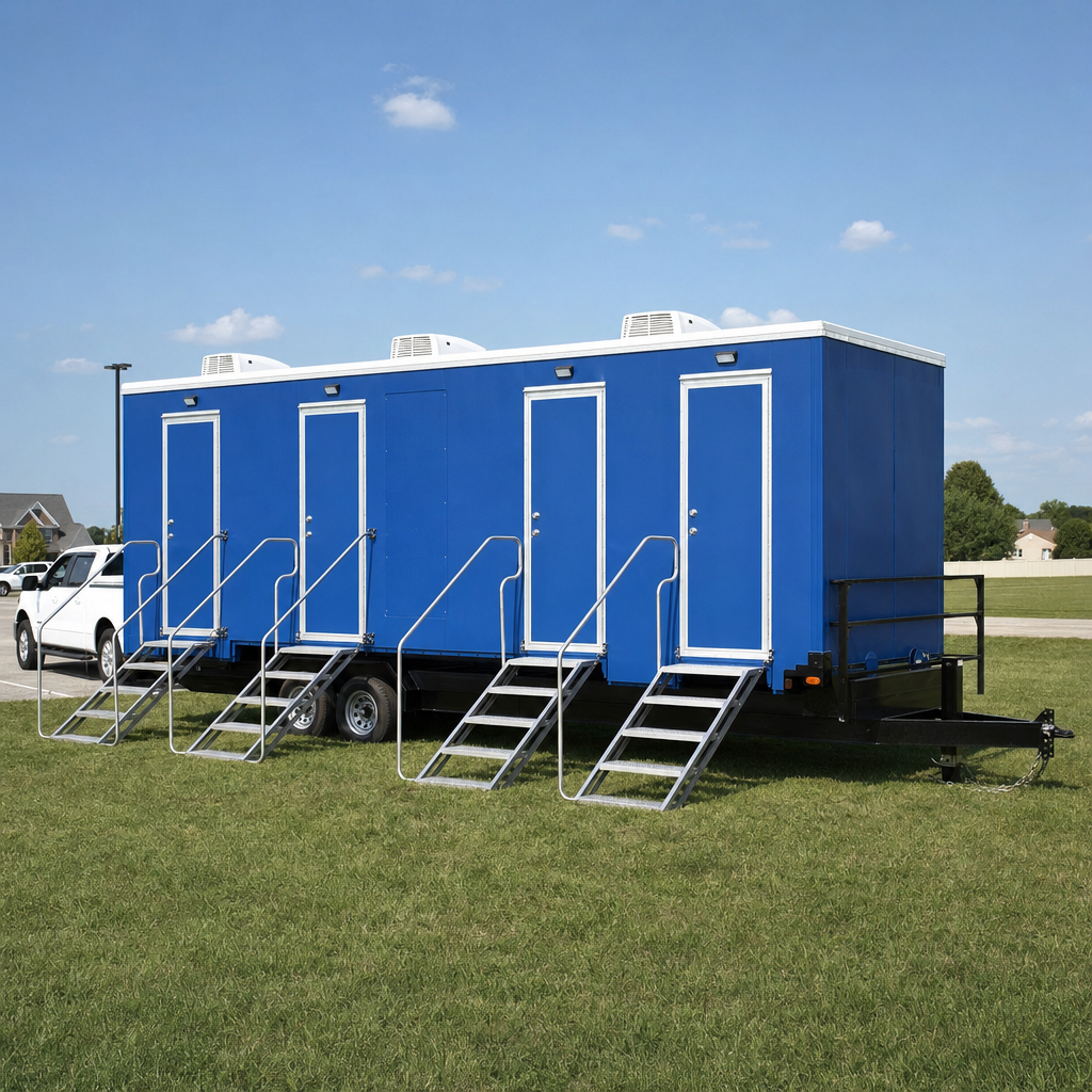Four-stall luxury restroom trailer with fold-down stairs and handrails on a level grass field